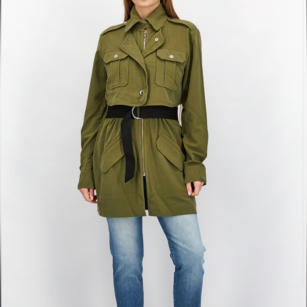 Guess Plain Long Sleeve Trench Coat Jacket Olive Green Sz L